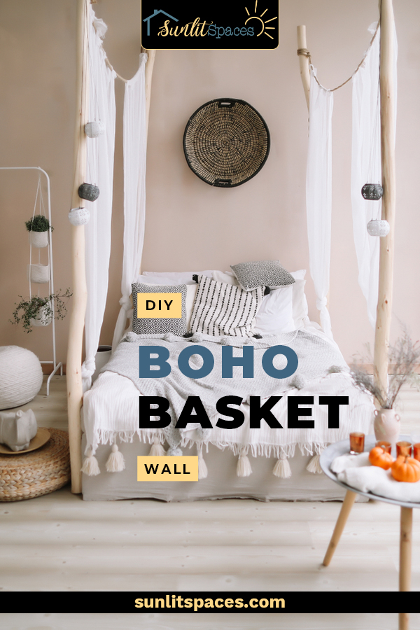 A DIY Boho basket wall is a fun decorating project that anyone can do! And you don't have to be into Boho style to have one. A basket gallery wall works with rustic, modern farmhouse and coastal decor. #sunlitspacesblog #DIYbohobasketwall #basketgallerywall